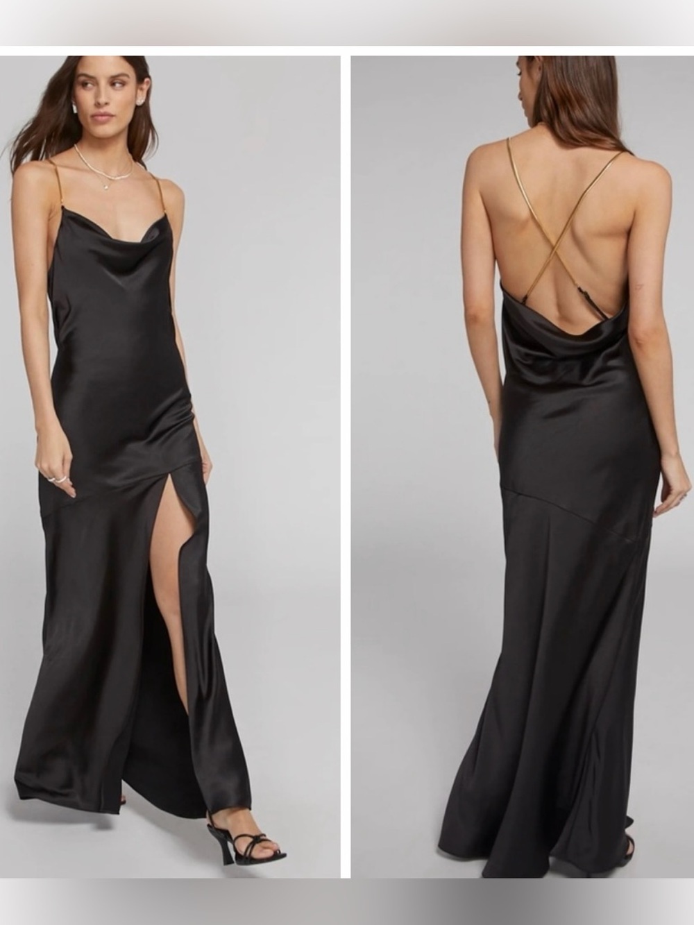 Generation Love Evie Satin Maxi Dress Large Black Cowl Neck Slit Gown NWT